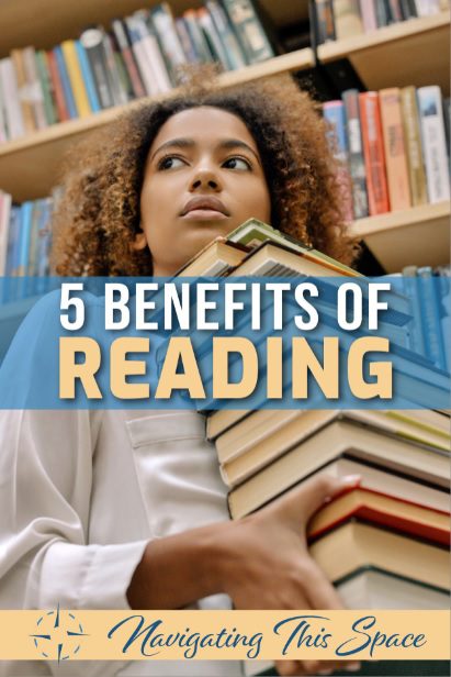 Girl holds a pile of books in the library - 5 benefits of reading