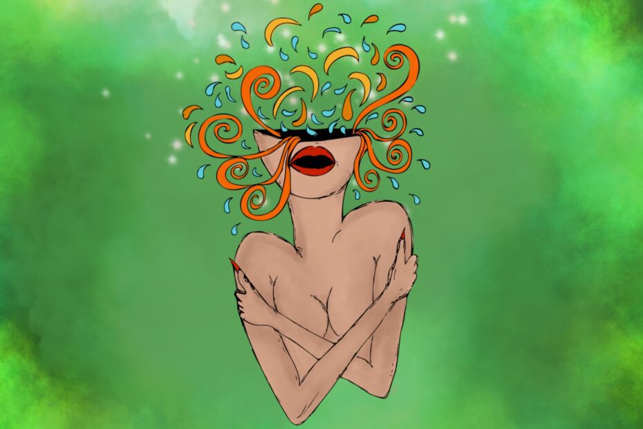 An illustration of a woman's upper body with curls and sparks coming out of her head representing why self-love and self confidence is important