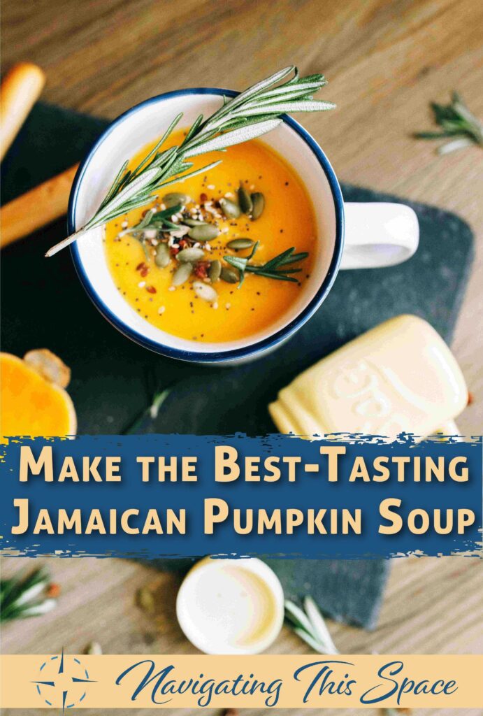 Jamaican pumpkin soup in a bowl, step-by-step guide on how to cook pumpkin soup