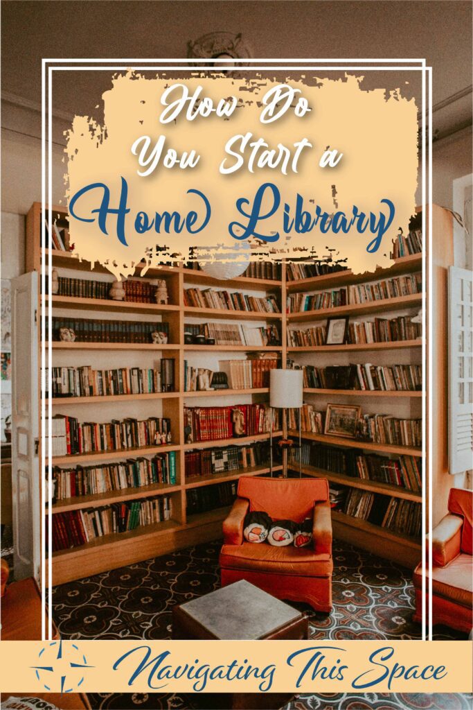 home library with a comfy dull orange sofa