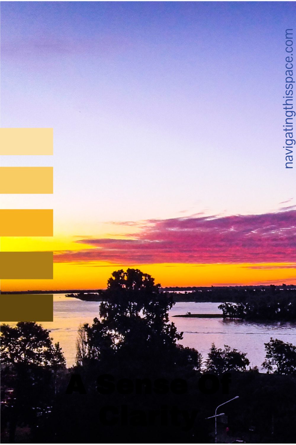 a yellow and dark purple sunset with dark trees in the foreground and a hint of orange sky representing the sense of clarity