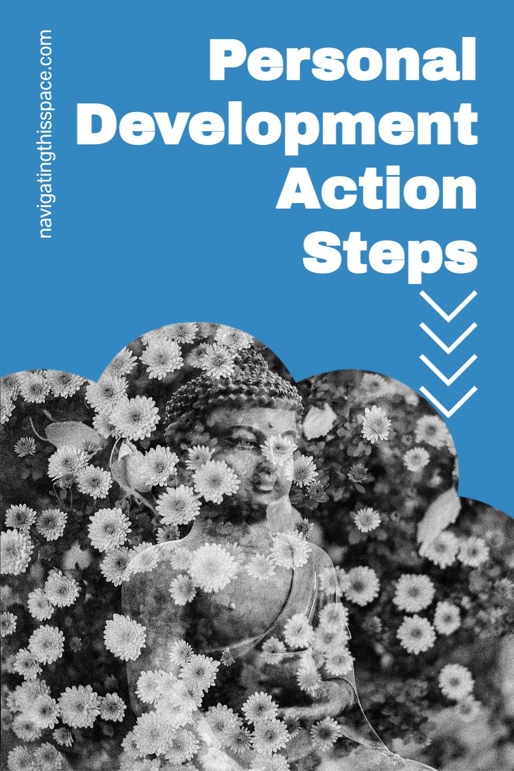 personal development action steps. Buddha's statue surrounded by falling flowers