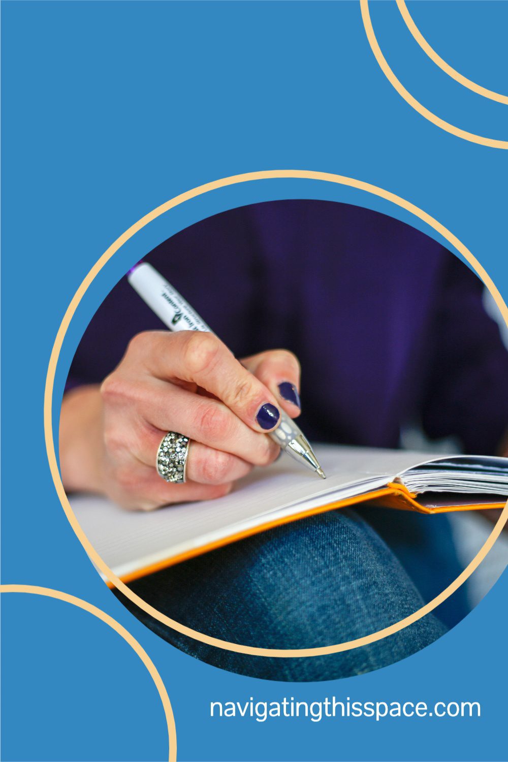 a manicured hand writing in a journal to experience the positive benefits of journal writing