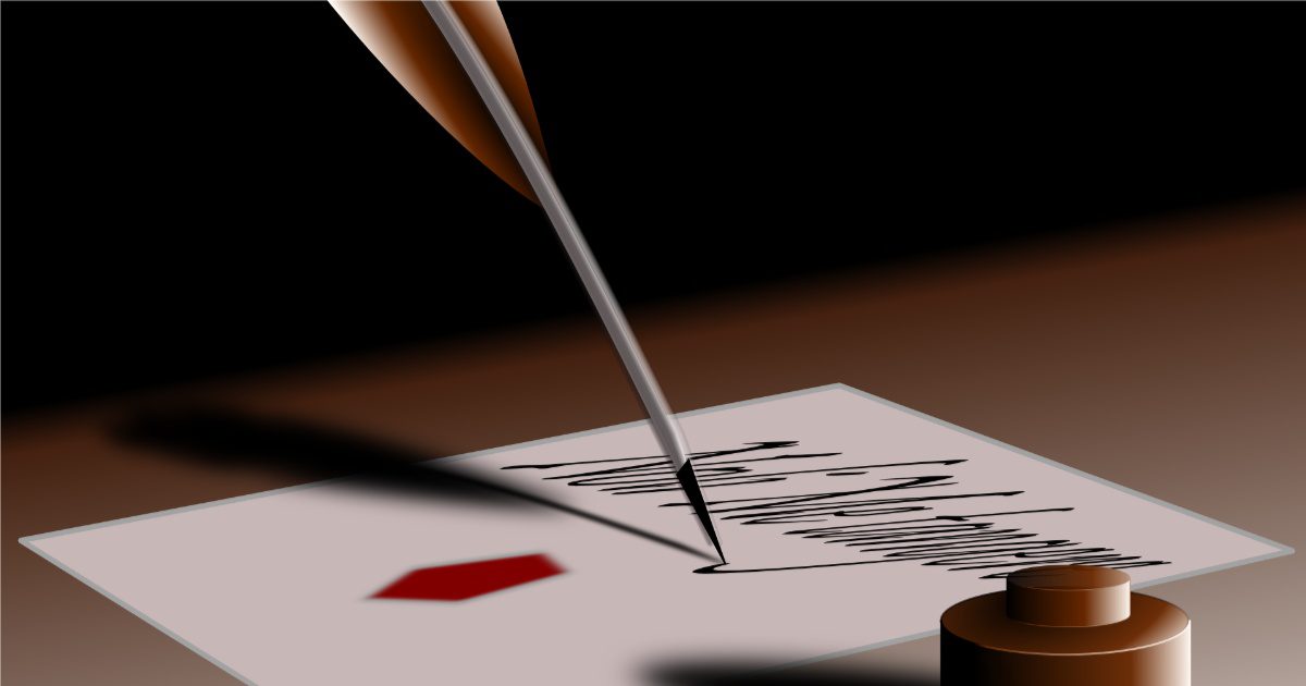 An illustration of a feather pen writing on a paper