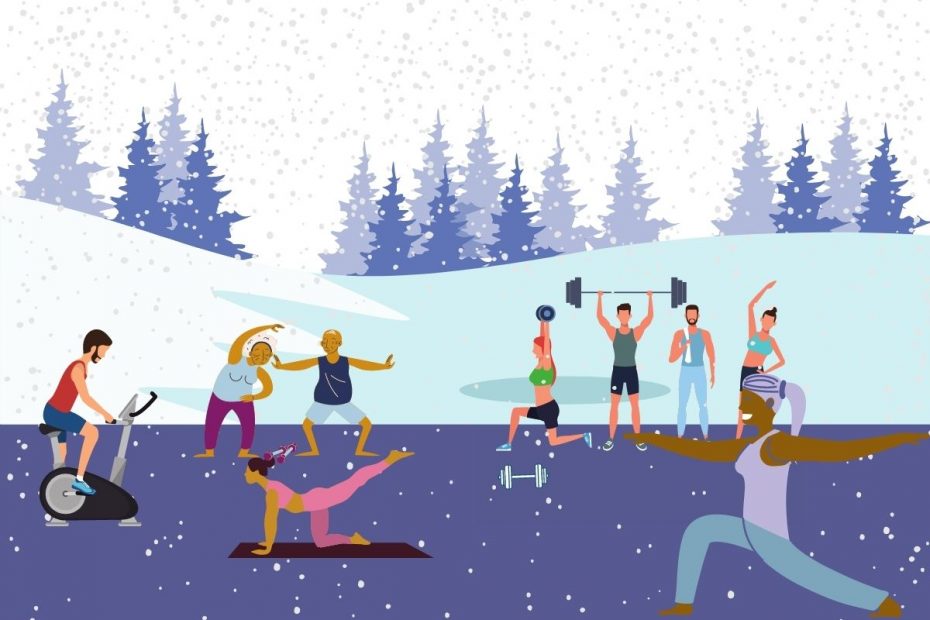 illustration of characters doing a winter workout