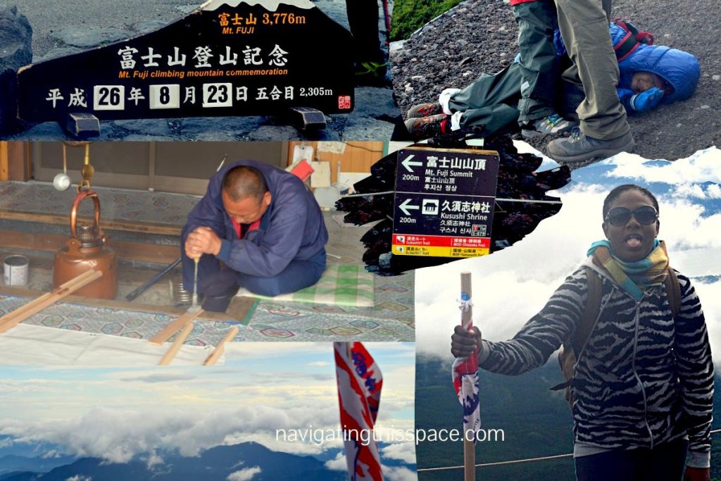 a man crafting art and people climbing mountain Fuji