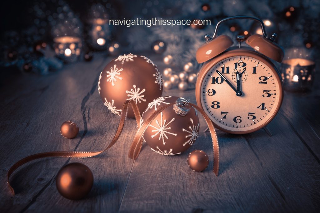 festive balls with a clock