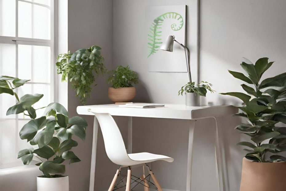 a minimalist desk in the corner surrounded with plants